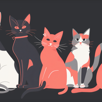 Illustration of a group of stylized cats in various poses and colors on a dark background.