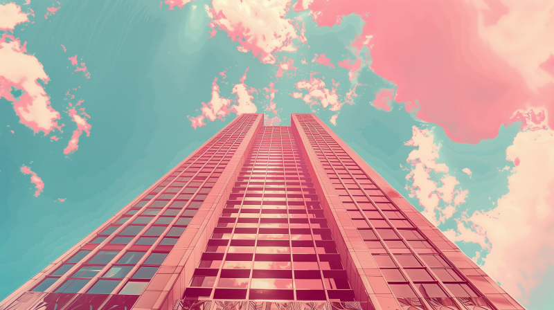 A skyscraper rising into a sky with a pink hue and fluffy clouds, creating a vivid pink aesthetic.