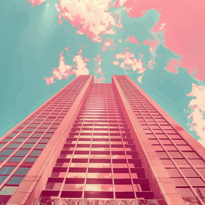 A skyscraper rising into a sky with a pink hue and fluffy clouds, creating a vivid pink aesthetic.