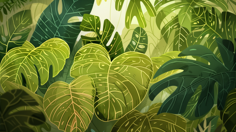 Illustration of lush monstera leaves with distinctive splits and holes, representing a vibrant houseplant.