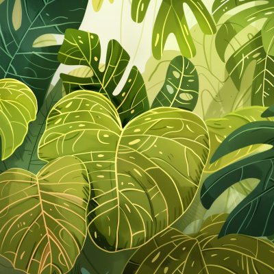 Illustration of lush monstera leaves with distinctive splits and holes, representing a vibrant houseplant.