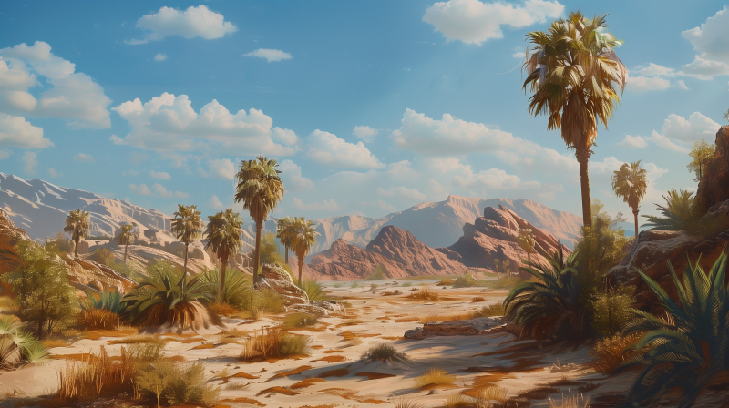 A scenic desert landscape with palm trees, reddish mountains in the background, and a dry riverbed under a clear blue sky.