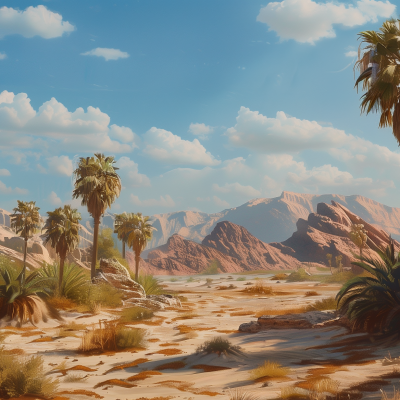 A scenic desert landscape with palm trees, reddish mountains in the background, and a dry riverbed under a clear blue sky.