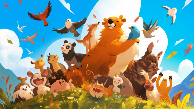 Illustration of a cheerful group of animated animals in a sunny meadow, with a prominent lion in the center surrounded by various other creatures like birds, a bear, and smaller mammals, all in a joyous pose.