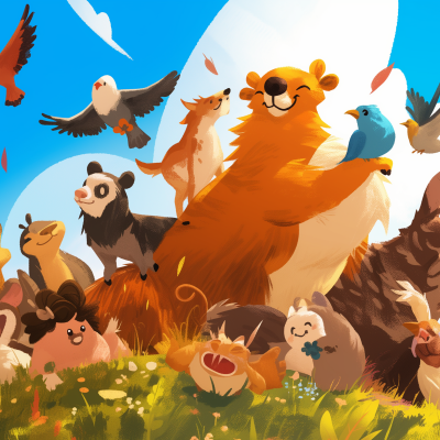 Illustration of a cheerful group of animated animals in a sunny meadow, with a prominent lion in the center surrounded by various other creatures like birds, a bear, and smaller mammals, all in a joyous pose.