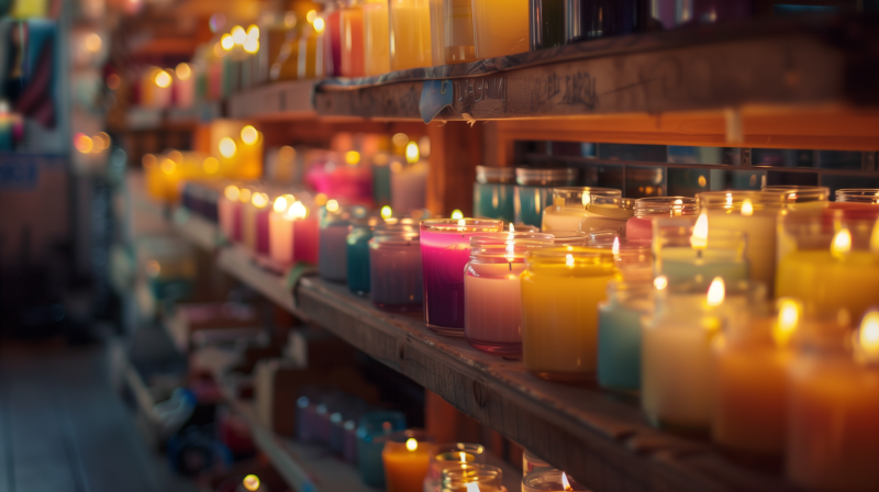 Rows of colorful candles in glass jars displayed on wooden shelves with some candles lit, creating a warm and inviting atmosphere.