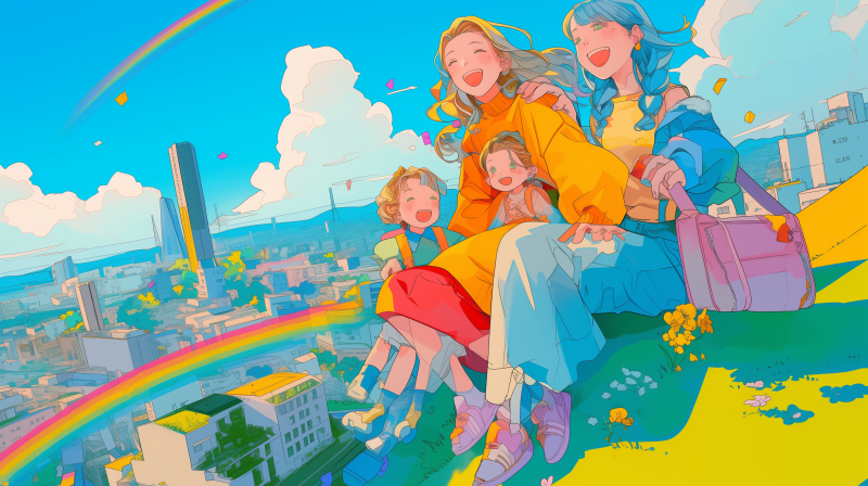 A bright and cheerful illustration of a happy family with a mom and kids, laughing together against a colorful city background with a clear sky and a rainbow.