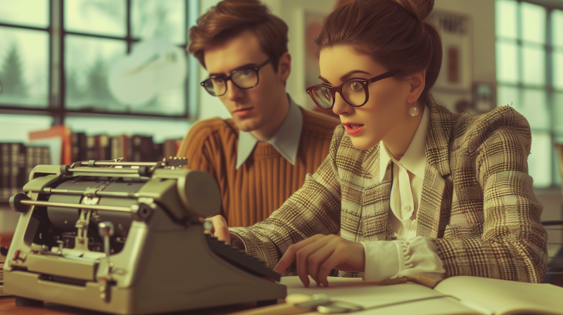 Two people in vintage attire working together with a retro typewriter.