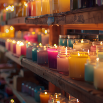 Rows of colorful candles in glass jars displayed on wooden shelves with some candles lit, creating a warm and inviting atmosphere.