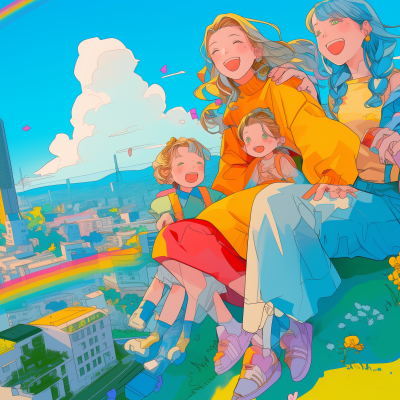 A bright and cheerful illustration of a happy family with a mom and kids, laughing together against a colorful city background with a clear sky and a rainbow.