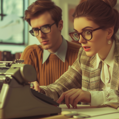 Two people in vintage attire working together with a retro typewriter.