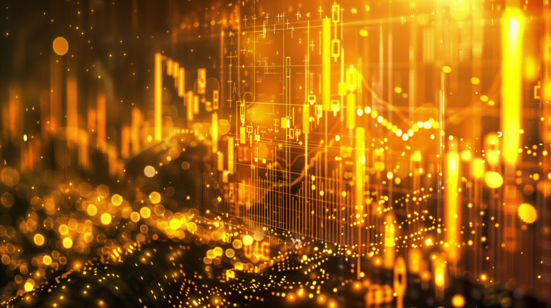 An abstract financial chart with glowing golden lines and candlestick patterns over a bokeh background suggestive of a bustling city at night.