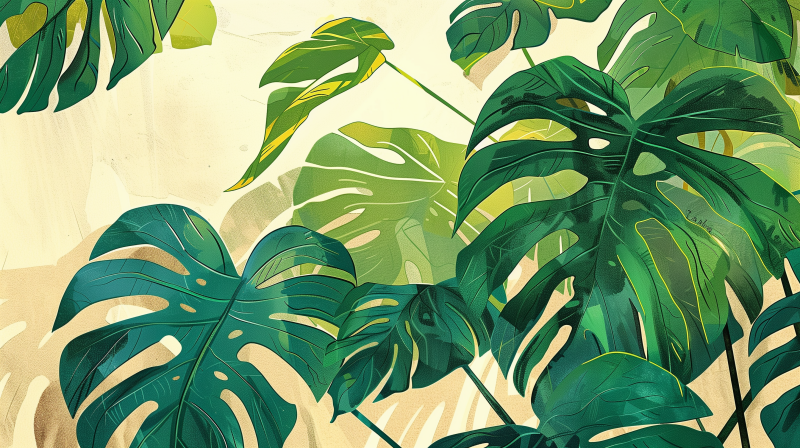 A stylized illustration of monstera leaves, depicting their distinctive splits and holes, set against a pale background.