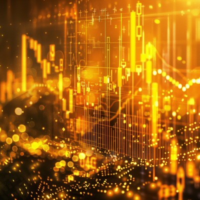 An abstract financial chart with glowing golden lines and candlestick patterns over a bokeh background suggestive of a bustling city at night.