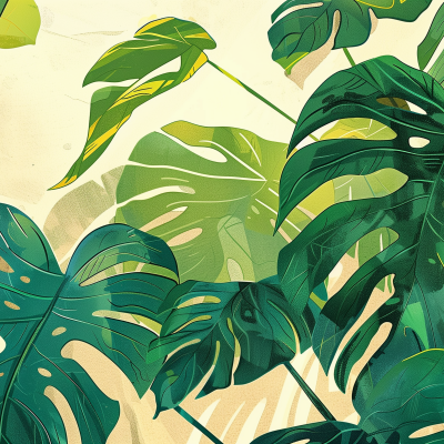 A stylized illustration of monstera leaves, depicting their distinctive splits and holes, set against a pale background.