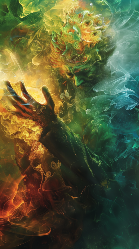 Abstract artistic representation of a man with elements of nature, fire, and smoke swirling around his hand, suggesting a fusion of science and elemental forces.