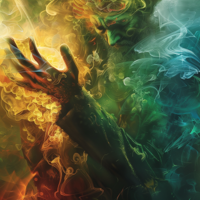 Abstract artistic representation of a man with elements of nature, fire, and smoke swirling around his hand, suggesting a fusion of science and elemental forces.