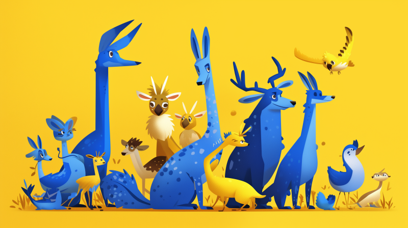 A colorful illustration of various stylized, whimsical animals in shades of blue and yellow, set against a vibrant yellow background.