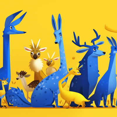 A colorful illustration of various stylized, whimsical animals in shades of blue and yellow, set against a vibrant yellow background.