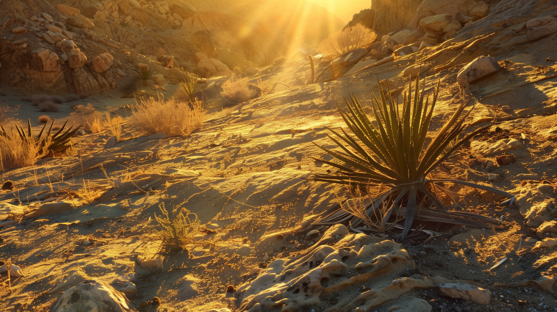 Golden sunlight beams over a desert landscape with scattered vegetation and rocky terrain.