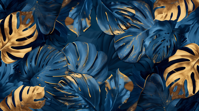 A stylized image of dense monstera leaves in deep blue with gold accents, creating an artistic houseplant-themed pattern.