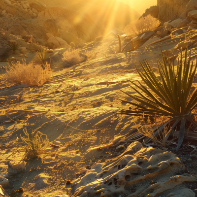 Golden sunlight beams over a desert landscape with scattered vegetation and rocky terrain.