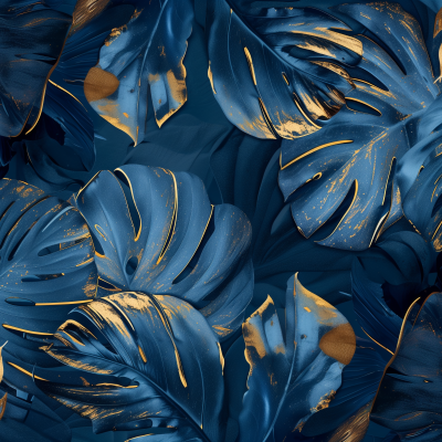 A stylized image of dense monstera leaves in deep blue with gold accents, creating an artistic houseplant-themed pattern.