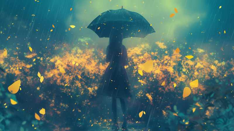 Silhouetted person holding an umbrella amidst a shower of rain and falling leaves on a rainy day.