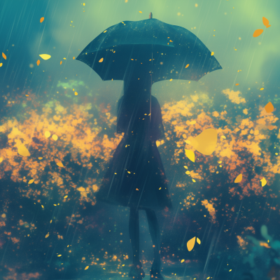 Silhouetted person holding an umbrella amidst a shower of rain and falling leaves on a rainy day.