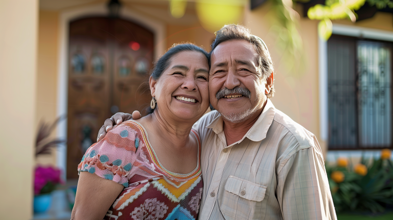 A joyful older couple embracing and smiling in front of their new home.