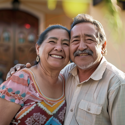 A joyful older couple embracing and smiling in front of their new home.