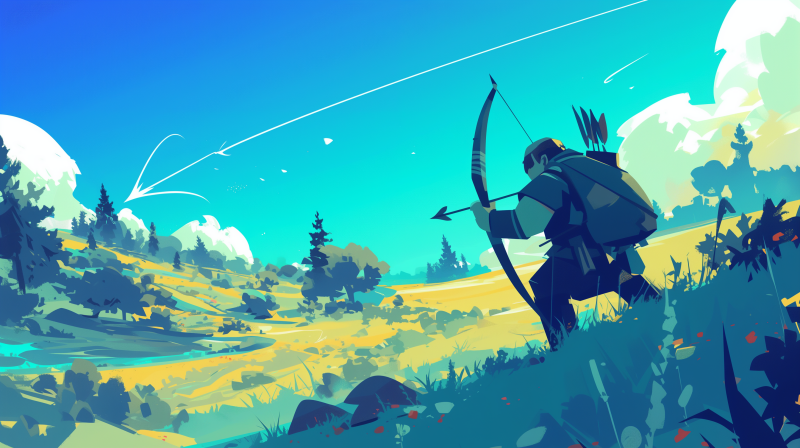 An archer with a bow and arrow aiming at a target in a stylized, colorful landscape.