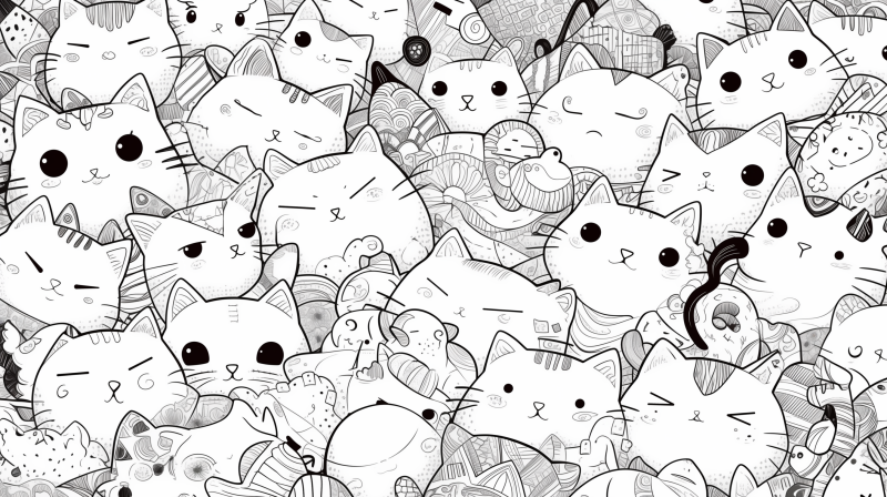 An illustration featuring an assortment of whimsical cats packed together in various poses and expressions, with some playful elements like yarn and fish, all in a black and white line art style.