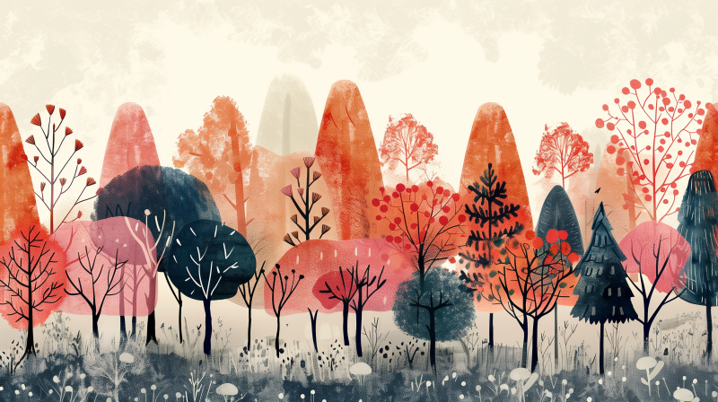 An illustration of a stylized forest with colorful, patterned trees, and a misty background.