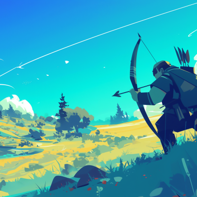 An archer with a bow and arrow aiming at a target in a stylized, colorful landscape.