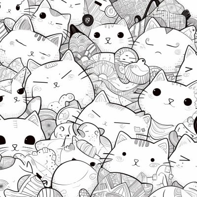 An illustration featuring an assortment of whimsical cats packed together in various poses and expressions, with some playful elements like yarn and fish, all in a black and white line art style.