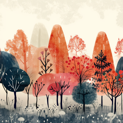 An illustration of a stylized forest with colorful, patterned trees, and a misty background.