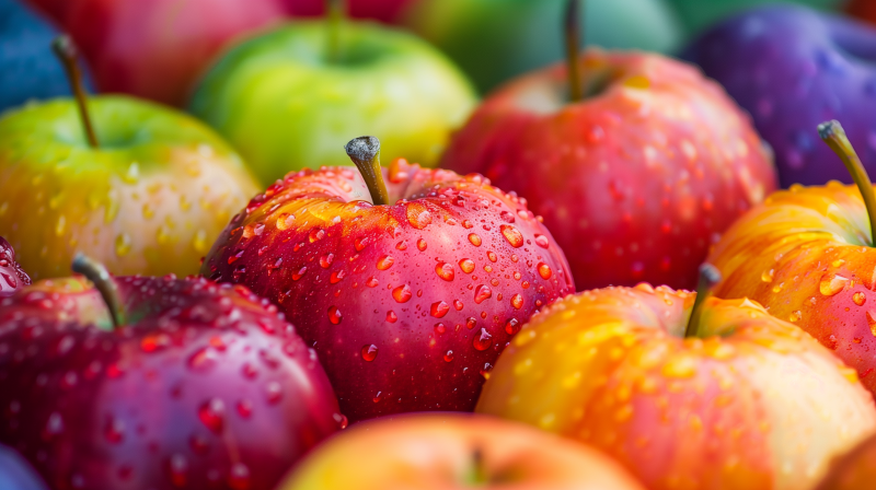 A close-up of fresh, colorful apples with water droplets on them.