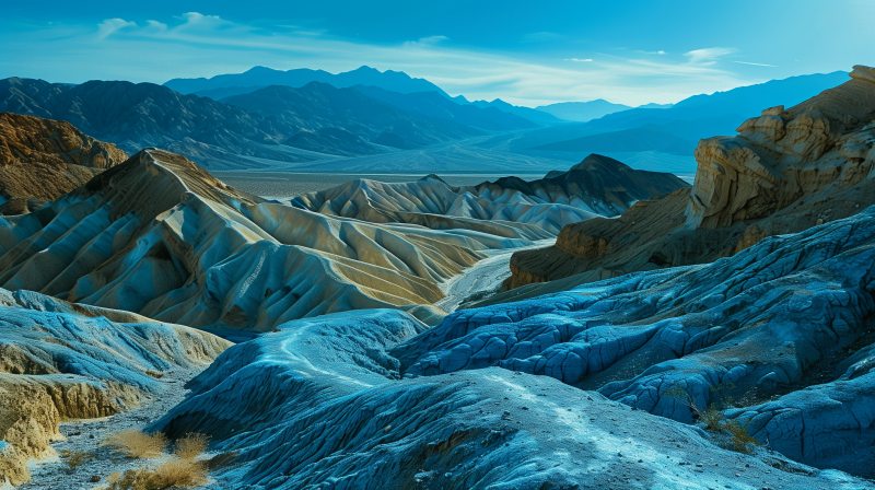 A desert landscape showcasing undulating hills with a mountain range in the background under a hazy blue sky.