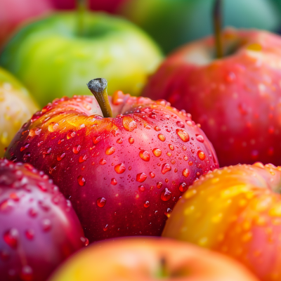 A close-up of fresh, colorful apples with water droplets on them.