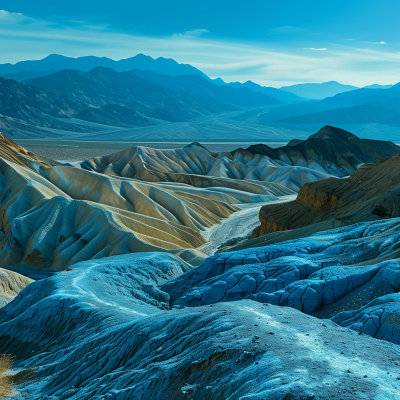 A desert landscape showcasing undulating hills with a mountain range in the background under a hazy blue sky.