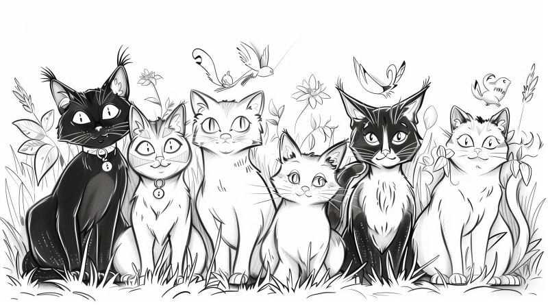 A black and white illustration of four animated cats with expressive faces standing among grass and flowers, with butterflies flying overhead.