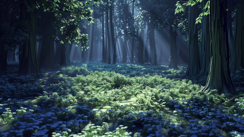 A serene clearing in a forest with sunlight filtering through the trees, highlighting the green foliage on the forest floor.