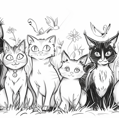 A black and white illustration of four animated cats with expressive faces standing among grass and flowers, with butterflies flying overhead.