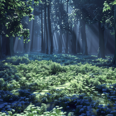 A serene clearing in a forest with sunlight filtering through the trees, highlighting the green foliage on the forest floor.