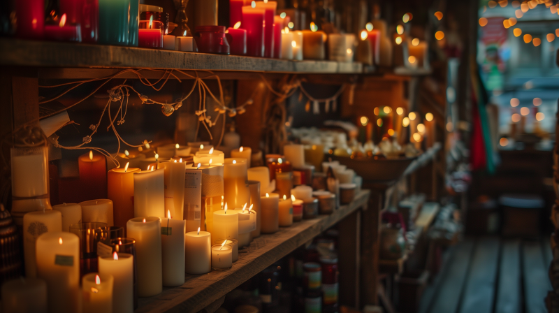 Shelves filled with an assortment of lit candles, creating a warm and cozy atmosphere. Some candles are in jars while others are pillar candles, with twinkling string lights adding to the ambiance.