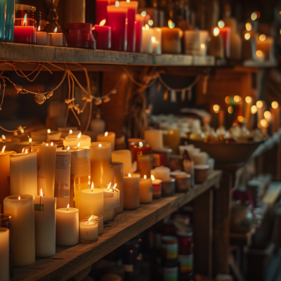 Shelves filled with an assortment of lit candles, creating a warm and cozy atmosphere. Some candles are in jars while others are pillar candles, with twinkling string lights adding to the ambiance.