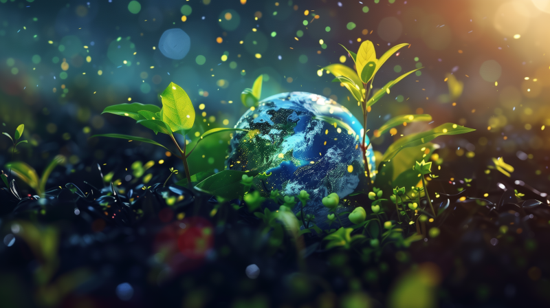 A vibrant image of Earth surrounded by lush greenery and sprouting plants, symbolizing growth and rejuvenation in nature, in celebration of Earth Day.