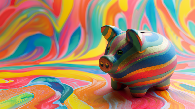 Colorful striped piggy bank on a psychedelic swirl-patterned background.