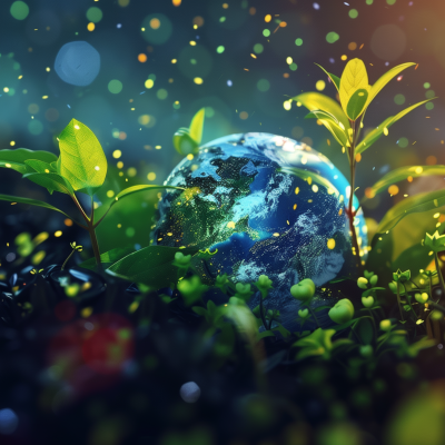 A vibrant image of Earth surrounded by lush greenery and sprouting plants, symbolizing growth and rejuvenation in nature, in celebration of Earth Day.